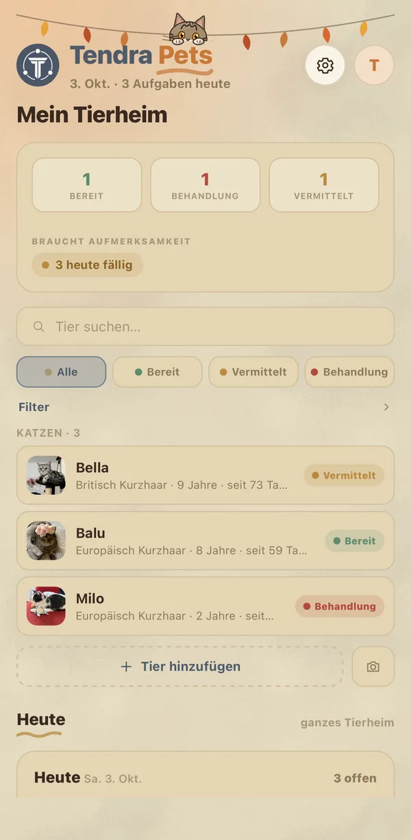 Tierbestand eines Tierheims mit Status